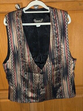 Vintage Diamond L Western Wear Vest Men size M Medium geometric gold red black 